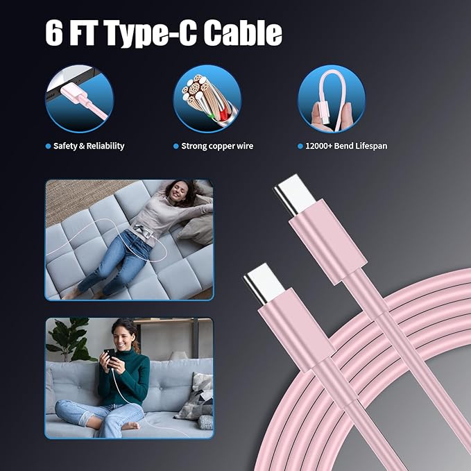 3Pack USB C Charger for Samsung Galaxy S24 Ultra, Super Quite Fast Charging Type C Block with 6FT C to C Cord for Samsung Galaxy Tab S9 S8 S23 Ultra S22 Ultra S23 S22 S21 Note 10 Plus 20,Pink