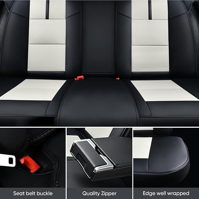 Auto Car Seat Covers Accessories Full Set Leather Cushion Protector Breathable Waterproof Seat Cover for Cars Universal Fit (Black&White, Front Pair and Rear)