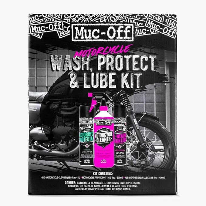 Muc Off Motorcycle Wash, Protect and Lube Kit - Motorcycle Cleaning Kit, Motorcycle Detailing Kit - Includes Motorcycle Cleaner and Chain Lube