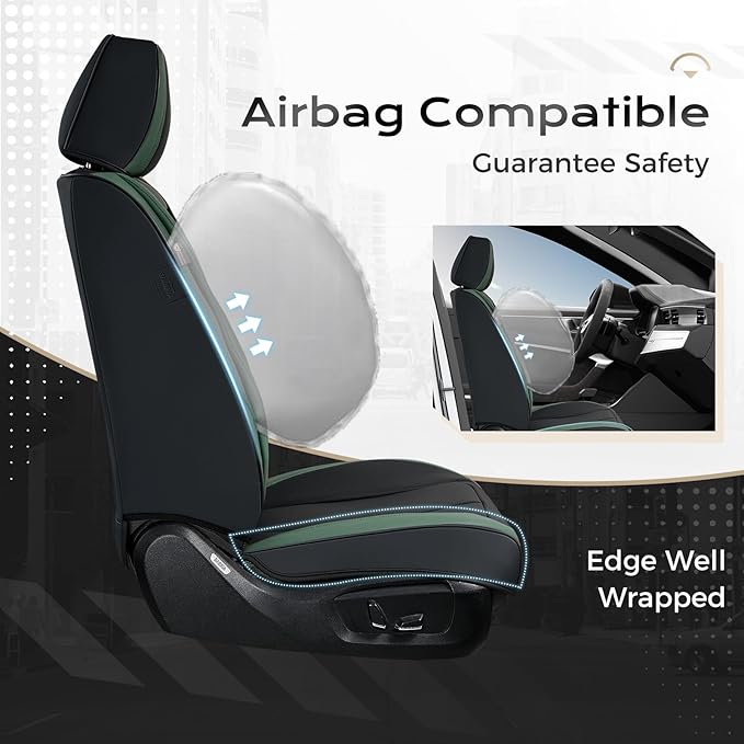 Coverado Automotive Seat Covers Front Seats, Leather Seat Covers 2 Pack, Black Green Car Seat Cover, Waterproof Car Seat Protector with Lumbar Support, Front Seat Covers Universal Fit for Most Cars
