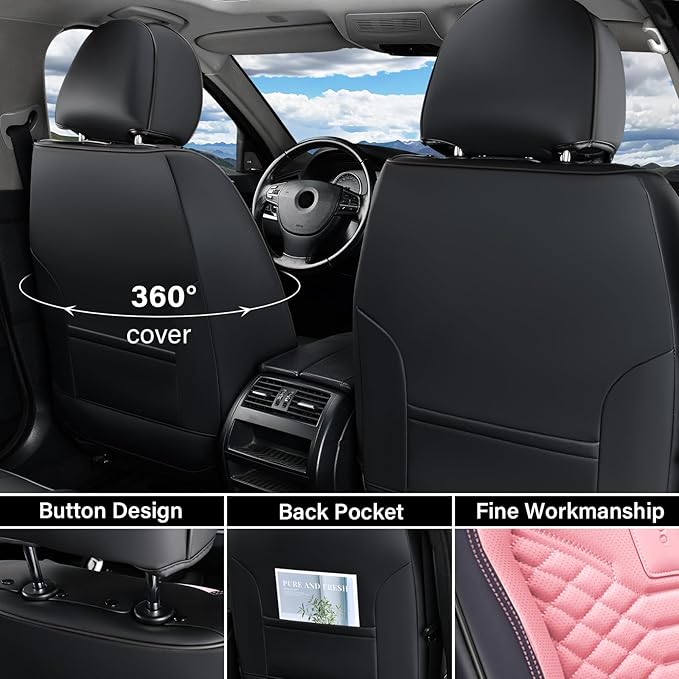 Coverado Car Seat Covers, Front Seat Cover, Waterproof Nappa Leather Seat Covers for Cars, 2 Pack Car Seat Protectors, Car Seat Cushion, Automotive Seat Covers Universal Fit for Most Cars (Black&Pink)