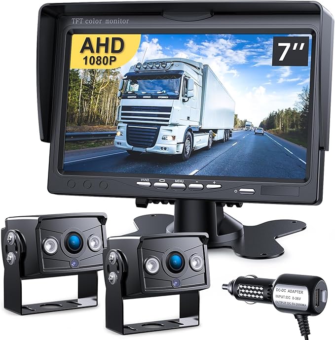 Upgrade Dual Backup Camera Monitor Kit 7" HD 1080P Monitor IP69 Waterproof Rearview Reversing Rear View Camera for Truck Trailer Semi-Trailer Box Truck RV Pickup Truck Easy Installation (TZ102)