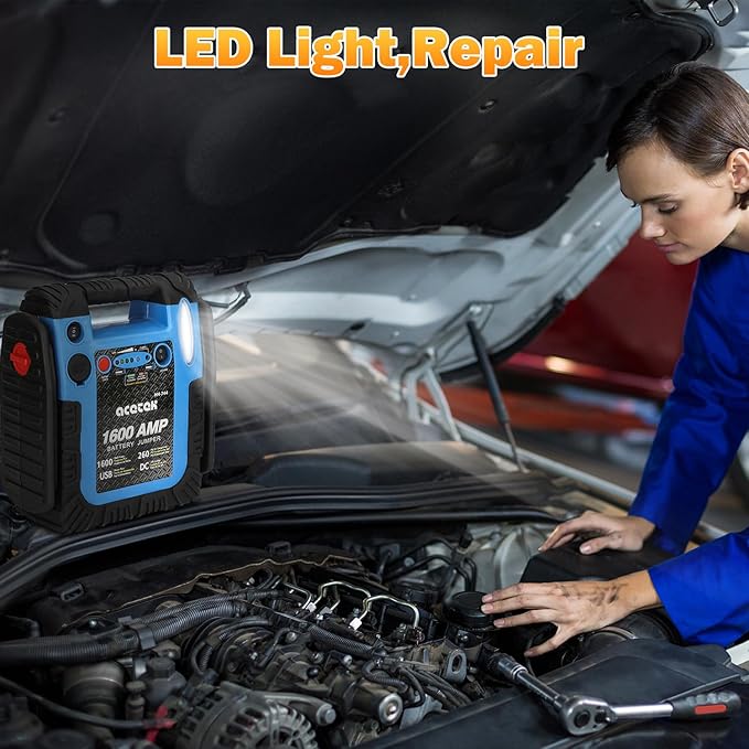 Jump Starter,1600 Peak Amp 12 Volt Jump Starter with Air Compressor, Auto Lead-Acid Battery Booster (Up to 6L Gas or 6L Diesel Engine) with LED Light & USB Output