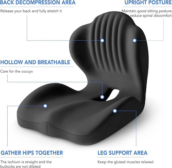 Ergonomic Waist Support and Seat Cushion, 2-in-1 Memory Foam Pad, Hollow Design for Coccyx, Suitable for Office Chairs, Car Safety Seats and Household Use - Relieves Lower Back and Hip Pain (Black)