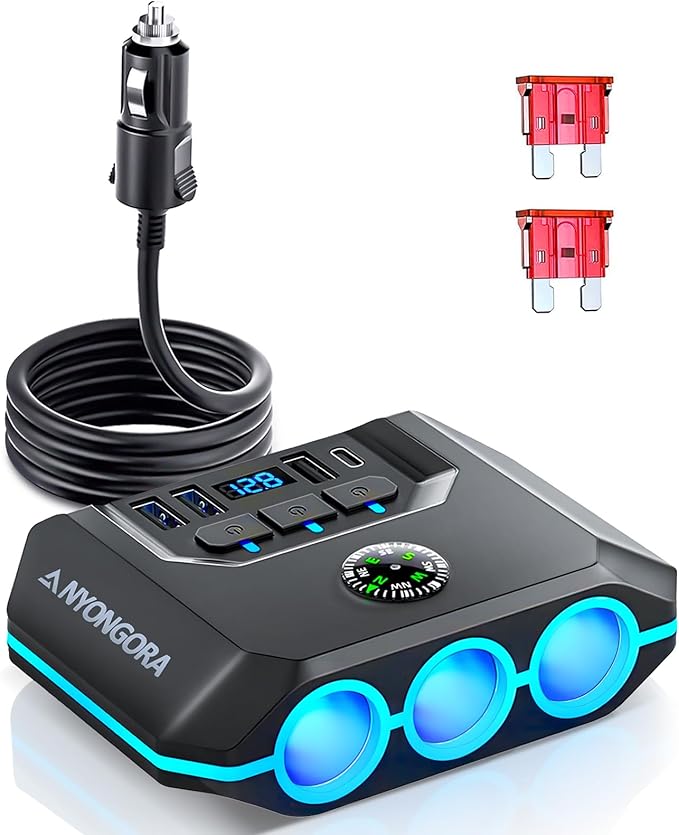 Anyongora 7-in-1 Cigarette Lighter Splitter, 120W Car Charger Adapter with 3 Sockets & Independent Switches, 4 USB Ports (USB-A/USB-C), LED Voltage Display, UL Certified, Built-in Fuse + Spare Fuse