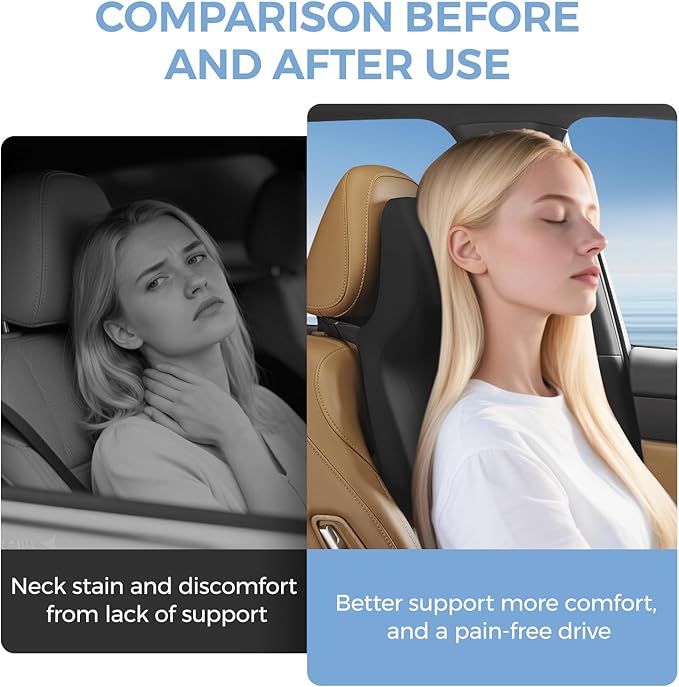 BEBAS Car Headrest Pillow, Ergonomic Neck Pillow with Memory Foam, Enlarged Surface for Head Neck Shoulder Support, Breathable Removeable Car Seat Pillow for Pain Relief(Black, 1 Pack)