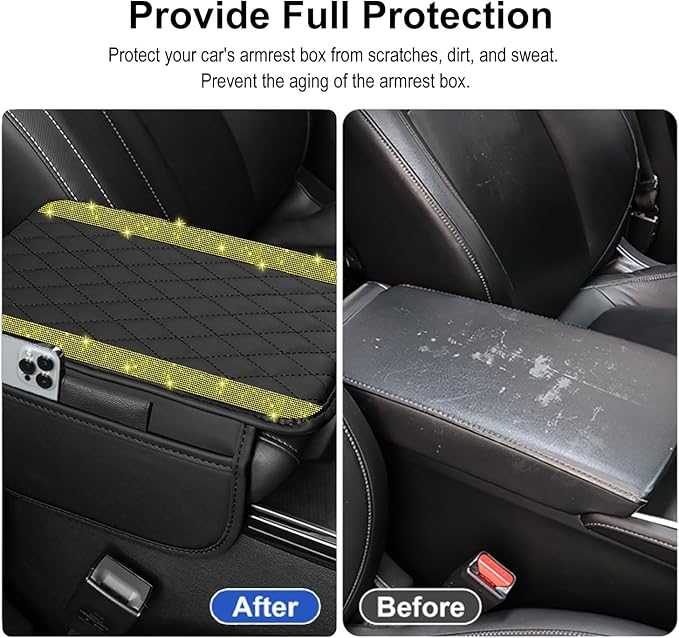 NBTEPEM Bling Car Center Console Cover, Leather Car Arm Rest Cover Cushion with 2 Storage Bags, Universal Auto Armrest Protector Storage Box, Bling Accessories Interior for Most Vehicles (Yellow)