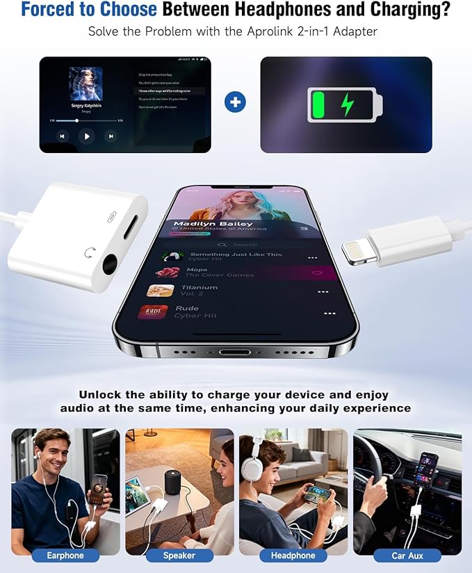 Apple MFi Certified 2-in-1 Lightning to 3.5mm Headphone Jack Adapter,Fast Charger&Aux Audio Splitter Dongle for iPhone-Car AUX,Home,Gym,Travel,Compatible with iPhone 14/13/12/11/XR/X/8/7,2Pack,White