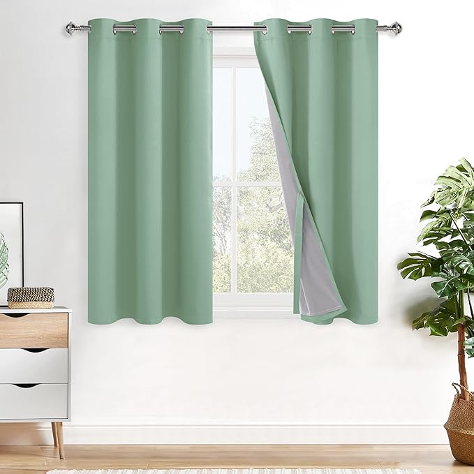 XWZO 100% Blackout Curtains 2 Panels with Tiebacks- Double Layers Heat and Full Light Blocking Window Panels with Grommets for Narrow Short Windows, Light Sage, W38 x L54, Set of 2