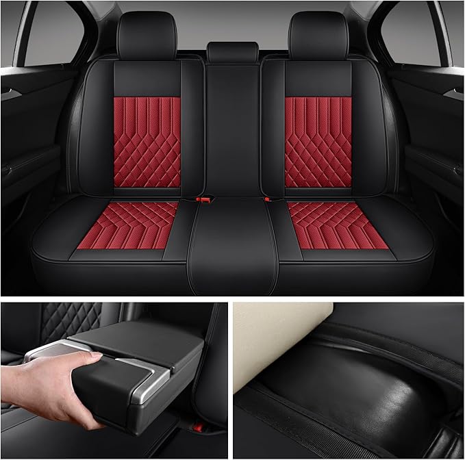 Car Seat Covers for Genesis GV70 2022-2025 2026, Full Set Nappa Leather Waterproof Breathable Anti-Slip Airbag Compatible Car Seats Protector, Car Interior Seats Cover (Black+Red,+Pillow)