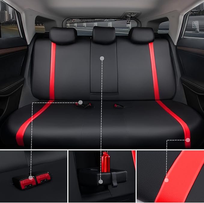 CAR PASS Universal Leather Car Seat Covers Full Set, Waterproof wear Durable Faux Leather Seat Covers 5 Seats Protector, Rear with Zipper, Airbag, Fit for SUV Pick-up Truck Vehicle Auto Black and Red