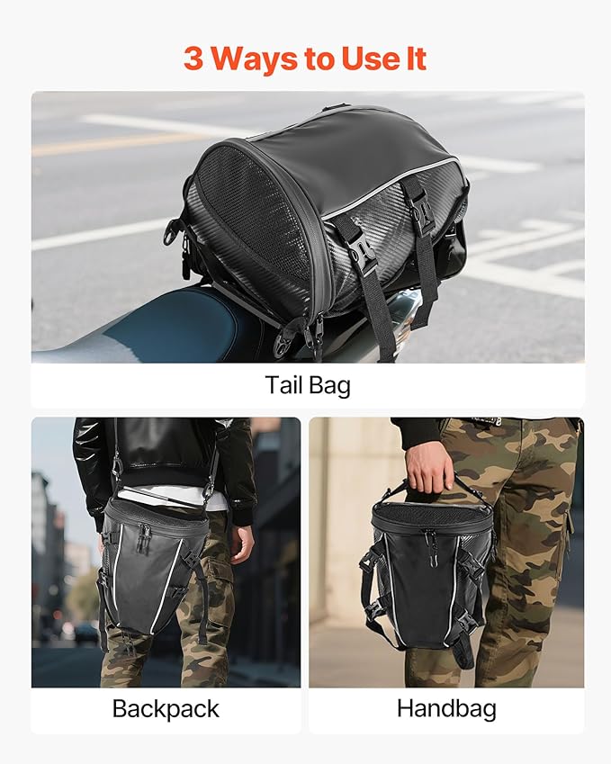 VEVOR Motorcycle Tail Bag 10L, Waterproof Rear Seat Bag with Rain Cover, Durable Oxford Fabric Luggage for Outdoor Sports & Motorbike, Detachable Shoulder Strap for Saddlebag/Touring/Riding, Black