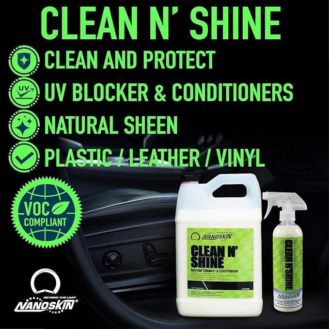 Nanoskin CLEAN N’ SHINE Interior Cleaner, Conditioner & Dressing 30 Gallons –Car Wash Interior Spray for Car Detailing | Restores Leather, Plastic & Vinyl Surfaces | For Cars, Trucks, Motorcycles, RVs