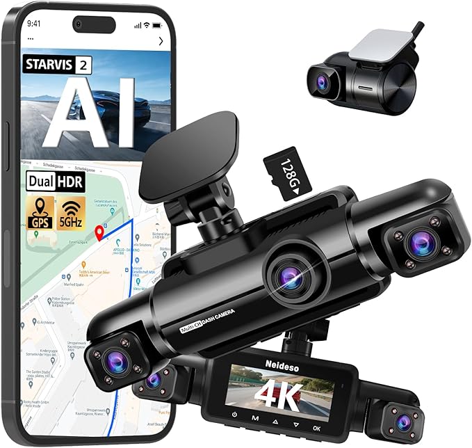 4K STARVIS 2 Dash Cam Front and Rear, 360° 4 Channel Dash Camera for Cars, Car Video Recorder with AI Driver Monitor System, Free 128GB Card, 5GHz WiFi GPS, WDR Night Vision HDR,24H Parking Mode(N900)