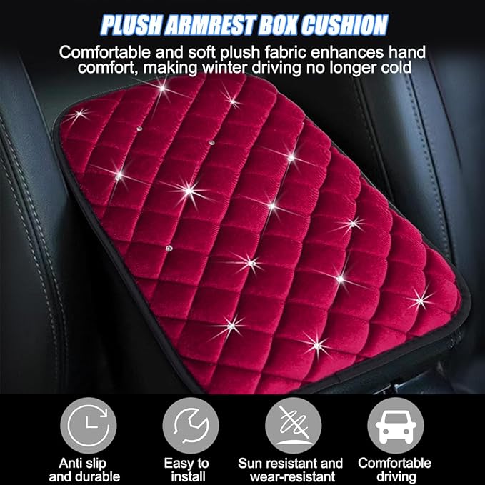 Mandark Bling Car Center Console Cover, Crystal Rhinestone Fluffy Automotive Armrest Seat Box Cushion Pad, Soft Comfortable Diamond Arm Rest Protection Mat, Universal Vehicle Accessories (Red)