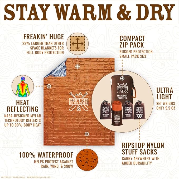 Don't Die In The Woods - Freakin’ Huge Emergency Blankets [4-Pack] Extra Large Thermal Mylar Space Blanket - One of The Ten Essentials Outdoor Survival Gear for Hiking Camping First Aid Kit (Orange)
