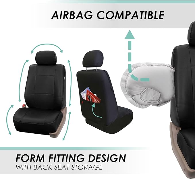 FH Group Automotive Classic PU Leather Pair Set Car Seat Covers, Airbag Compatible with GIF,t Easy to Install- Universal Fit for Cars Trucks & SUVs (Solid Black) PU002102