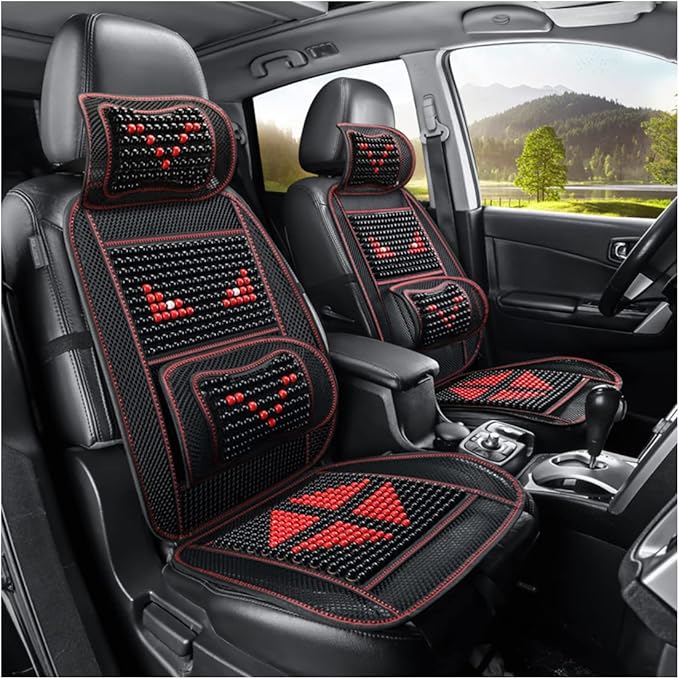 Natural Wood Beaded Seat Cover with Cooling Ventilated Mesh, Massage Seat Cushion with Lumbar Support for Car/Truck Driver