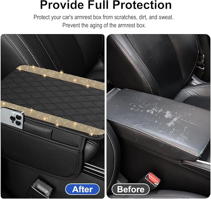 NBTEPEM Bling Car Center Console Cover, Leather Car Arm Rest Cover Cushion with 2 Storage Bags, Universal Auto Armrest Protector, Bling Accessories Interior for Most Vehicles(Gold Champagne Diamond)