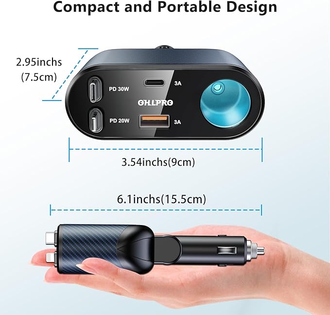 OHLPRO Retractable Car Charger Cigarette Lighter Adapter, 168W 5 in 1 Fast Phone Charging Built-in Replaceable Fuse, Socket Splitter with USB C and USB i Cord, Fit for Phone iPad Galaxy GPS, Blue