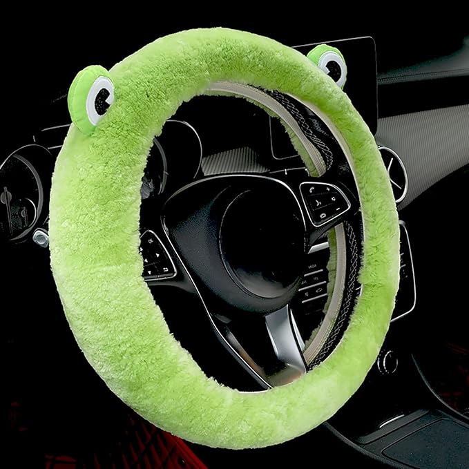 Dotesy 7 Pcs Fluffy Cartoon Frog Car Steering Wheel Cover Set, Wool Steering Wheel Protector with Cup Coasters, Soft Plush Rear Mirror Cover Accessories for Women (Green Frog)