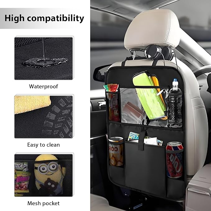 2PCS Car Backseat Organizer, Multi-Pocket Back Seat Protector with 10.2" Tablet Holder, Waterproof Oxford Fabric Storage Bag Auto Kick Mat for Kids Toddlers (B with Zipper)