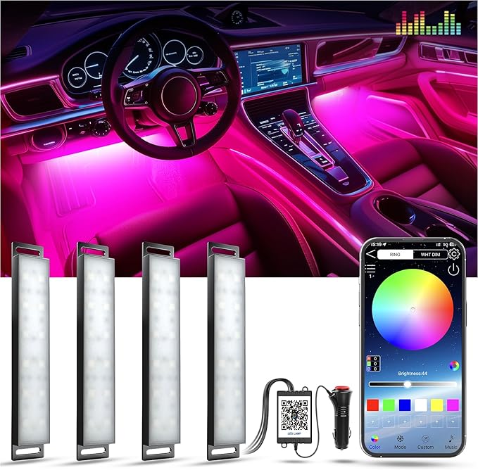 Yilaie Car LED Lights Interior, RGB Under Dash Lighting Multicolor with App Control, Music Sync and DIY Mode, Car Decorations Interior for Ambient Lighting with Charger Dc 12V