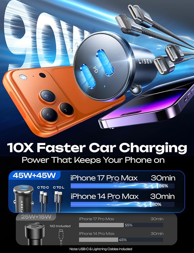 LISEN 90W USB C Car Charger Fast Charging for iPhone 17 Car Charger USB C Fast Charge, Type C Car Charger for iPhone 17 Pro Max 16 15 14 13 12 11, for Samsung S26 S25 S24 [Lighning&USB-C] Mothers Day