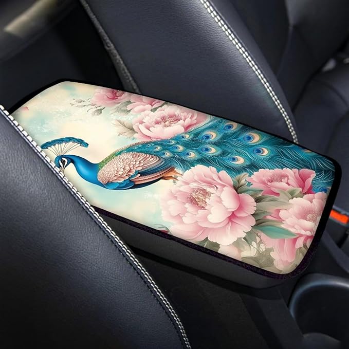 Suobstales Peacock Pink Flower Print Car Armrest Pad Soft Center Console Arm Rest Protector Cover Universal Car Interior Accessories Decoration