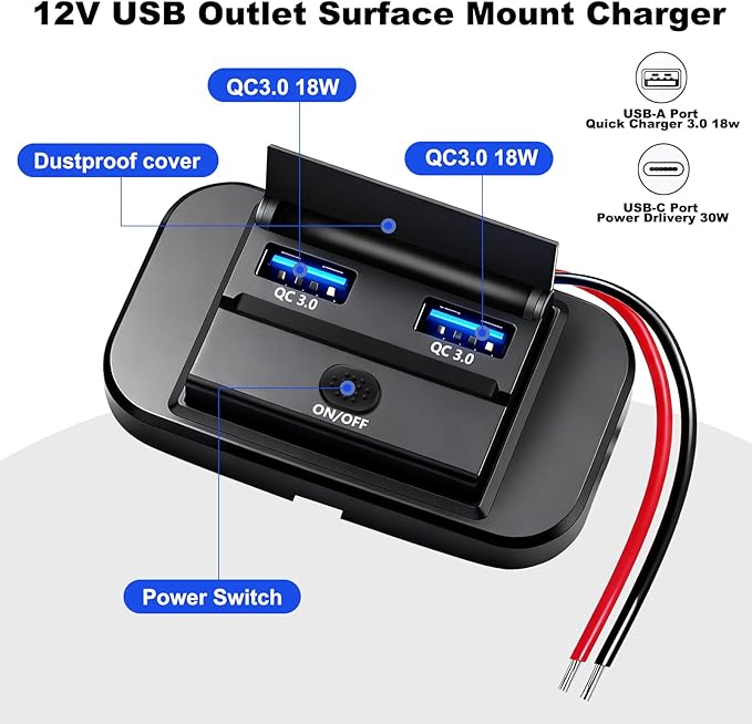 12V Flush Mount USB Charger with Power Switch, Multi-Port Car Charger for RV, Boat, Car, Bus, ATV, Motorcycle - Panel Mount Charging Accessories (QC+QC)
