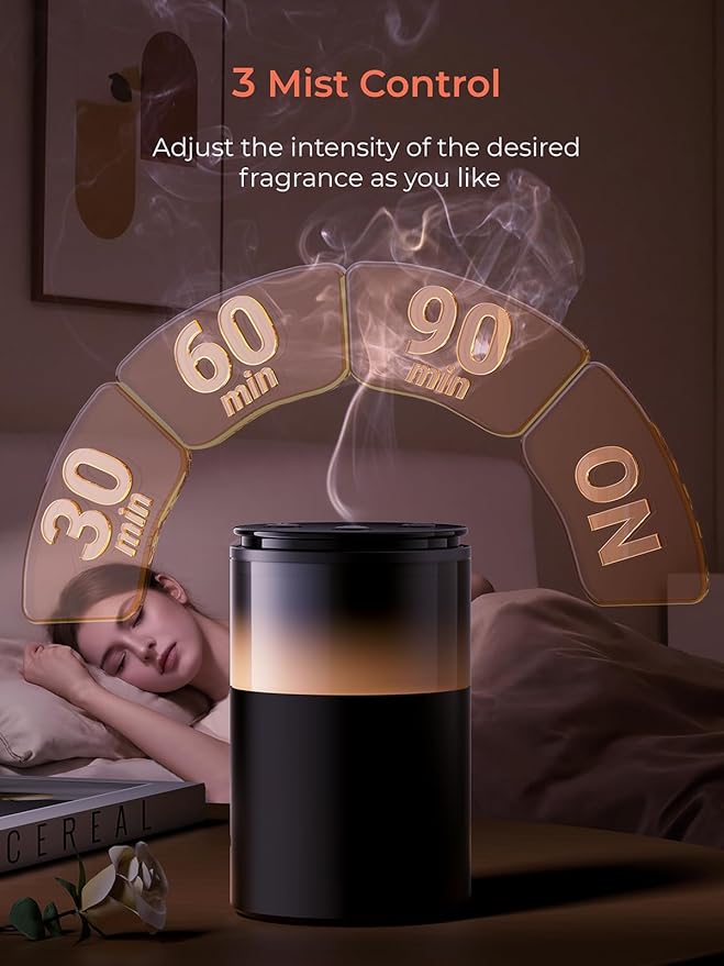 Battery Operated Waterless Diffuser – Portable Scent Machine for Car, Office & Bedroom, Ultrasonic Aroma Mist with 9 Color LED Light, Mini Essential Oil Diffuser Purple Black