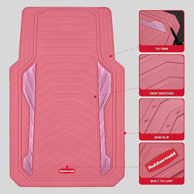 Rubbermaid Car Floor Mat, Heavy Duty All-Weather Car Mats Full Set with Dual-Tone Pink and Sliver Aluminum Inserts – Universal Fit, Anti-Slip Backing, Trim-to-Fit for Most SUV, Sedan, Van