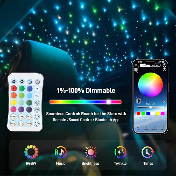 Twinkle Starlight Headliner Kit, 500pcs 0.03in/9.8ft, 16W LED Star Ceiling Fiber Optic Light Kit, APP/Remote Control Star Effect, for Truck SUV Home Ceiling Party Theater