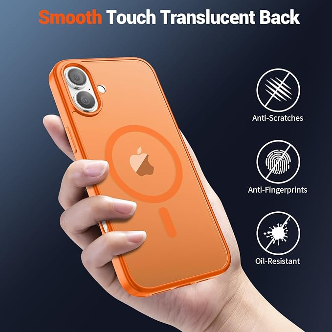 SUPFINE Magnetic for iPhone 16 Case with Screen Protector (Compatible with MagSafe) (Military Grade Drop Protection) Translucent Matte Shockproof Phone Cover,Starry Orange