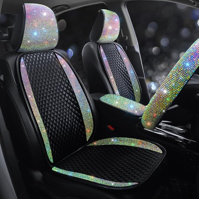 Bling Crystal Diamond Sparkly Glitter Car Seat Cover Premium PU Front Seat Protector Pad Works with 95% of Vehicles Bling Bling Rhinestones Auto Interior Accessories Color 1 Seat
