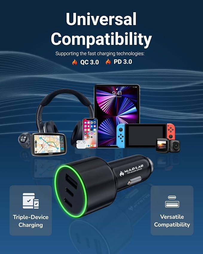 M.A.D Lab 84W Cigarette Lighter USB Charger, Fast Charging PD QC 3.0 Dual 33W USB-C and 18W USB-A, 12V Outlet Car Charger USB C for iPhone 17/16/15/14/13, iPad, Android, Galaxy, Switch and More