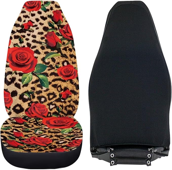 Leopard Print Rose Car Front Seat Covers Set of 2 Piece Auto Seats Protectors Anti-Scratch Seat Covers Universal Fit Most Vehicles