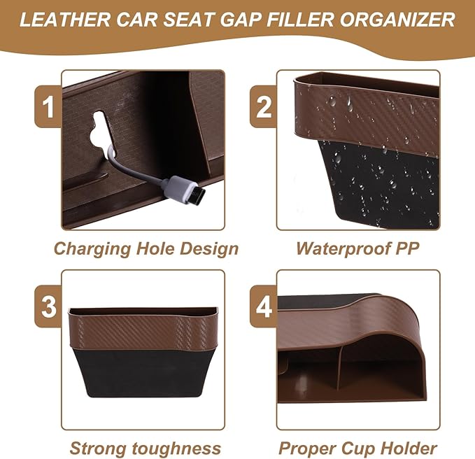 HARFINGTON Car Seat Gap Filler Organizer 10.6 x 7.1 x 2.8 Inch ABS+Leather Universal Car Organizer Storage Box Between Seat and Console (Right) with Cup Holders for Phone Keys, Beige