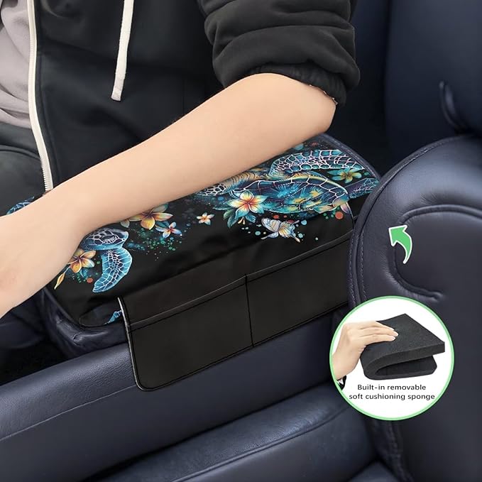 Dreaweet Sea Turtle Arm Rest Cover for Car Thick Center Console Cover with Pockets,Turtle Car Accessories Armrest Cover for SUV Truck Universal Center Console Armrest Pad