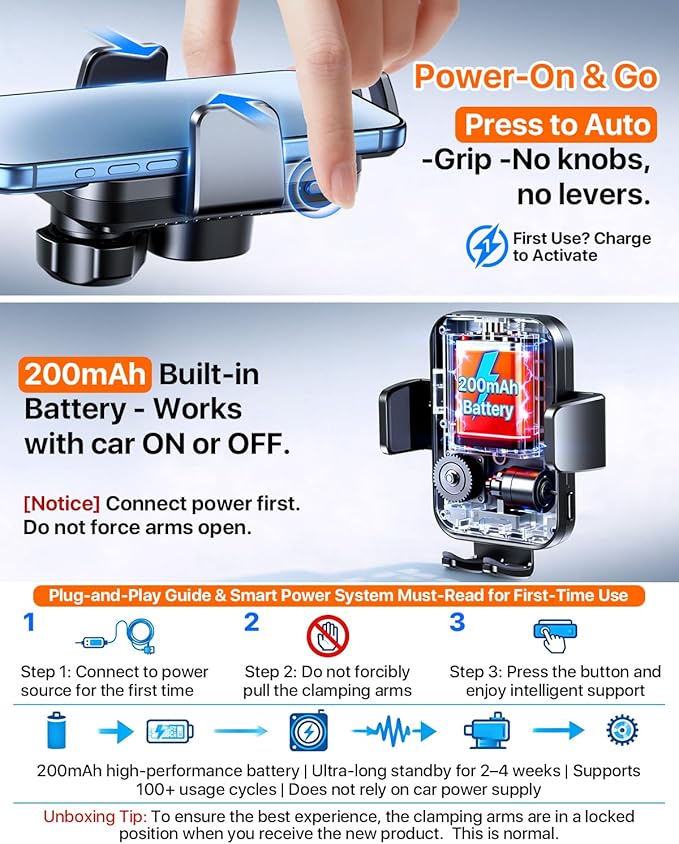 HTU 2026 Upgraded Smart Car Phone Holder Wireless Charger, 7.5W-15W Wireless Charger for Magsafe [Excellent Strudiness] One-Handed Auto Clamping, Compatible Dashboards Air Vents and Windshields,Black