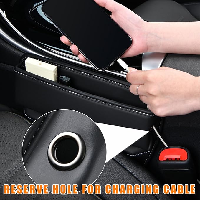 Ziciner Car Seat Gap Organizer, Premium Leather Auto Seat Storage Box, Vehicle Adjustable Front Seat Gap Filler, Car Seat Side Pocket Organizer for Phones, Glasses, Keys, Money, Cards (Black)
