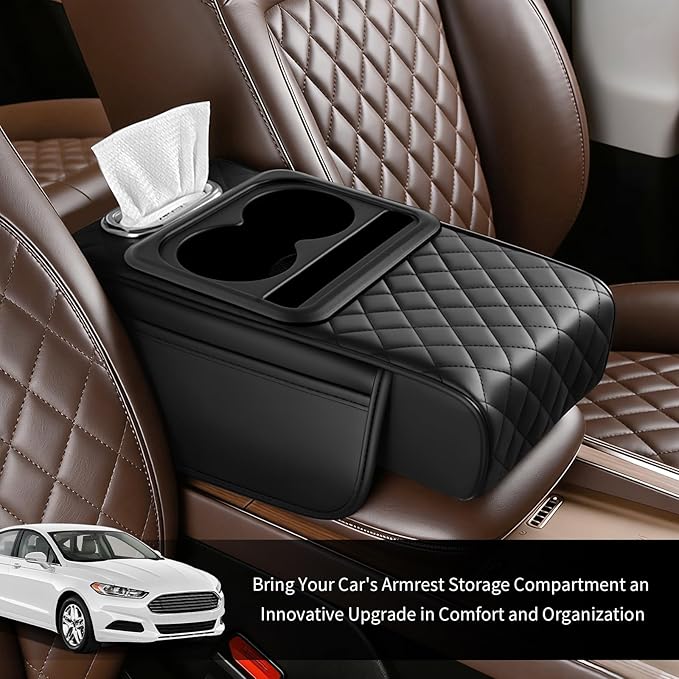 2026 New 5 in1 Car Armrest Storage Box,Multifunctional Leather Car Armrest Box Pad with Cup Holder & Phone Holder & Storage Bag,Comfortable Center Console Cover for Elbow Support