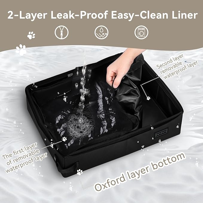 PETSFIT Portable Travel Cat Litter Box – Collapsible, 2-Layer Leak-Proof Washable Liner with Sturdy Support Frame, for Hotel/Car/Camping, Cat Travel Essentials for Kitty/Medium Cats Solid Black