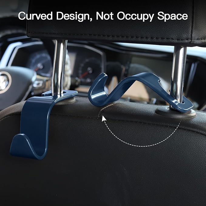 Soleebee 4 Pack Car Headrest Hooks - Universal Auto Hooks, Back Seat Hangers, Storage Organizer (Navy Blue)