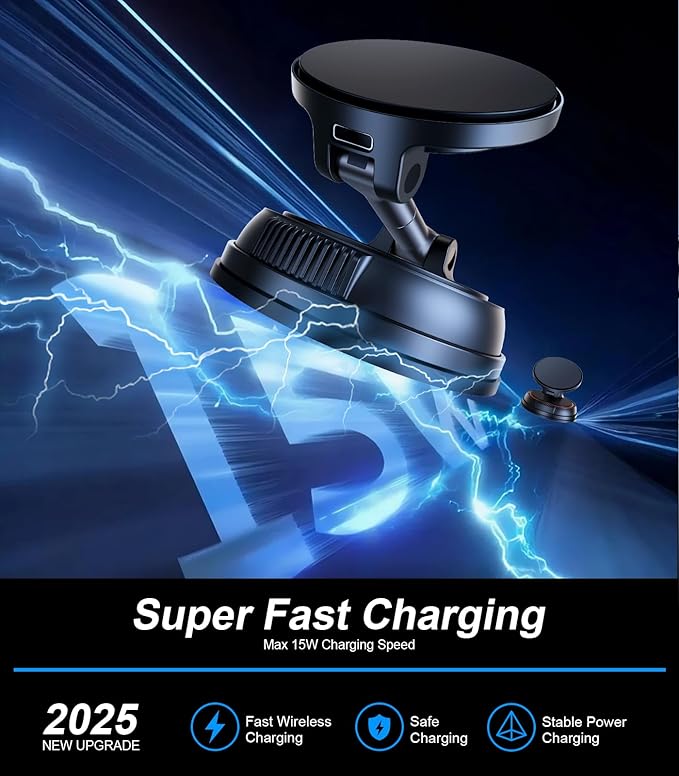Magnetic Wireless Car Mount Charger Fast Charging, 360°Rotating Dashboard/Windshield Vacuum Suction Cup Phone Holders for Your Car, Car Accessories for iPhone 16 15 14 Pro Max Samsung Tesla