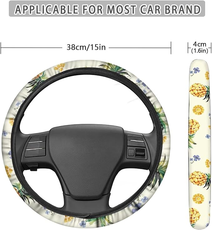 AFPANQZ Pineapple Print Car Steering Wheel Cover Sweat Absorption Safe Driving, Anti-Slip Steering Wheel Protector No Smell Fashion Machine Washable Universal