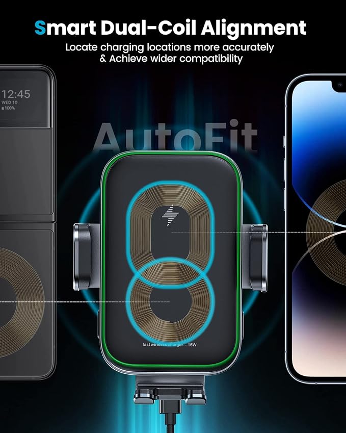 APPS2Car Dual Coil Wireless Car Charger Auto Clamping 15W Cup Holder Phone Wireless Charger Mount Fast Charge Tri-Pivots Height Adjustable Phone Holder Car Truck for iPhone 12-17, Samsung, LG, etc.