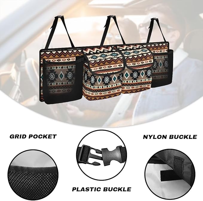 Aztec Car Trunk Organizer, Backseat Hanging Large Storage with Adjustable Straps & 4 Pockets, Waterproof Collapsible Cargo Bag Universal Car Interior Accessories