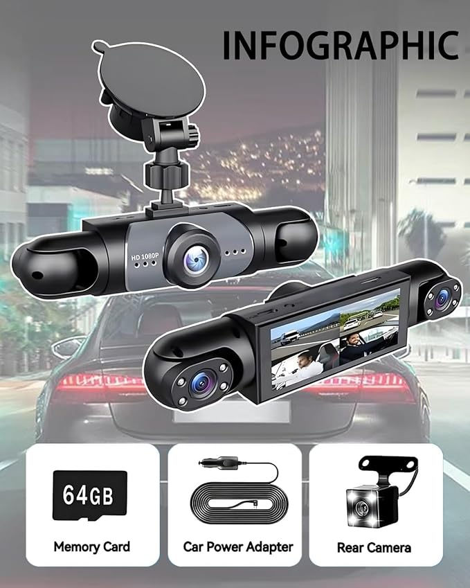 Car Dash Cam Front Rear 360 Full View 4K Dual Security 24HR Rechargeable 4 Channel Mirror Rearview Interior Auto Video On-Dash Mounted Driving Recorder Truck Electronics Accessory(64G)