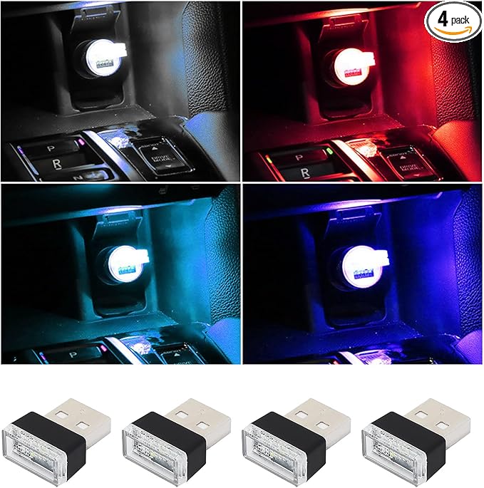 Augeny 4 PCS USB LED Car Interior Atmosphere Lamp, Plug-in USB Decor Night Light, Portable Auto Ambient Lighting Kit, Universal Vehicle Interior Accessories for Most Cars (White+Red+Blue+Ice Blue)